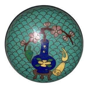 Vintage Japanese Cloisonné Brass Round Box EUC 3’. Blue/Pink